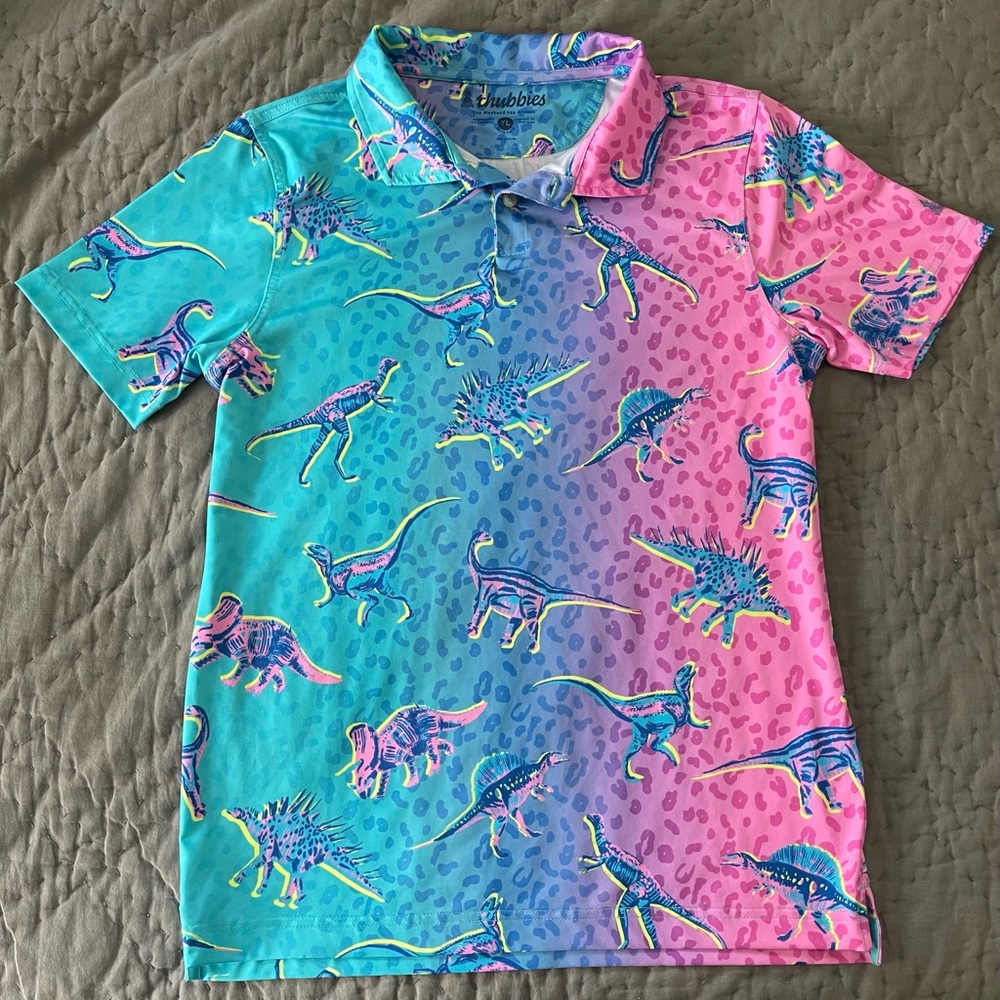 Chubbies Dinosaur Youth Boys Polo The Dino Delight Neon Blue Purple Size 14/16 L - Picture 2 of 6